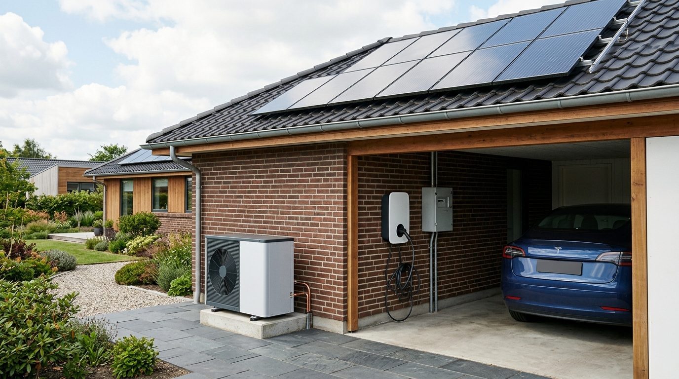 Illustrationsfoto: Solceller, varmepumpe, ladestander og smart styring forklaret for boligejere